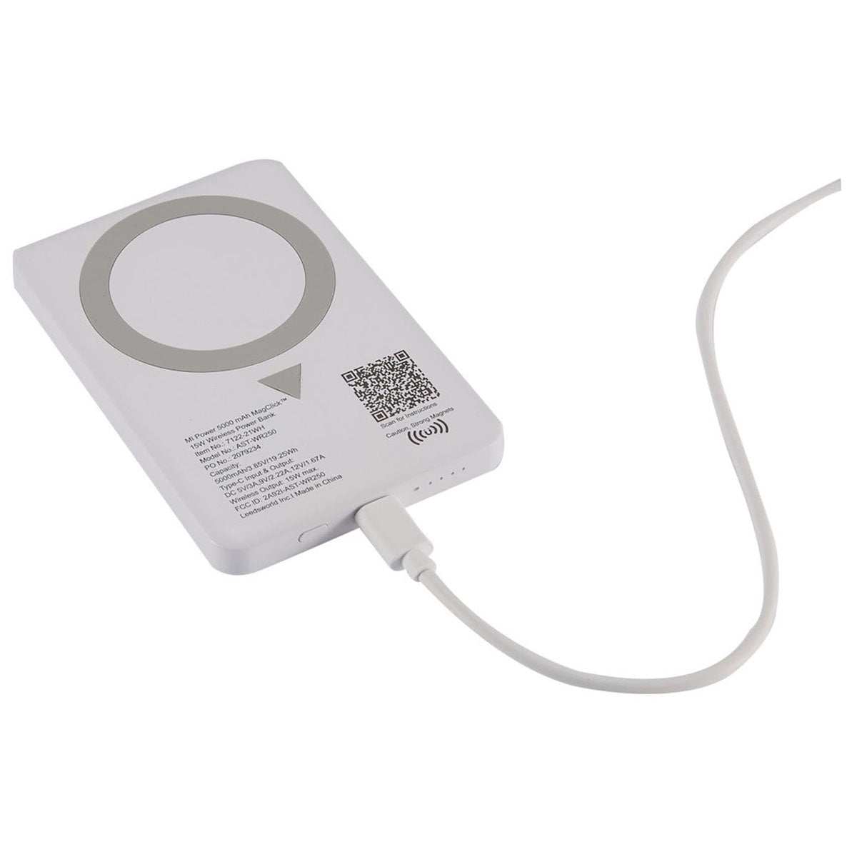 Leed's White MI Power 5000 mAh MagClick 15W Wireless Power Bank