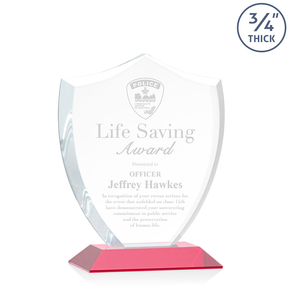St. Regis Red Scudo Shield Award 6.25" x 7.75" x 3" with Standard Base - Laser Engraved