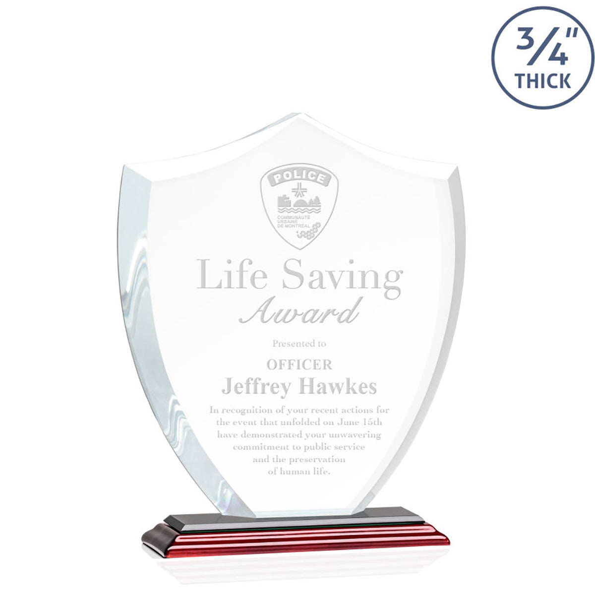 St. Regis Rosewood Scudo Shield Award 6.25" x 7.75" x 3" with Standard Base - Laser Engraved