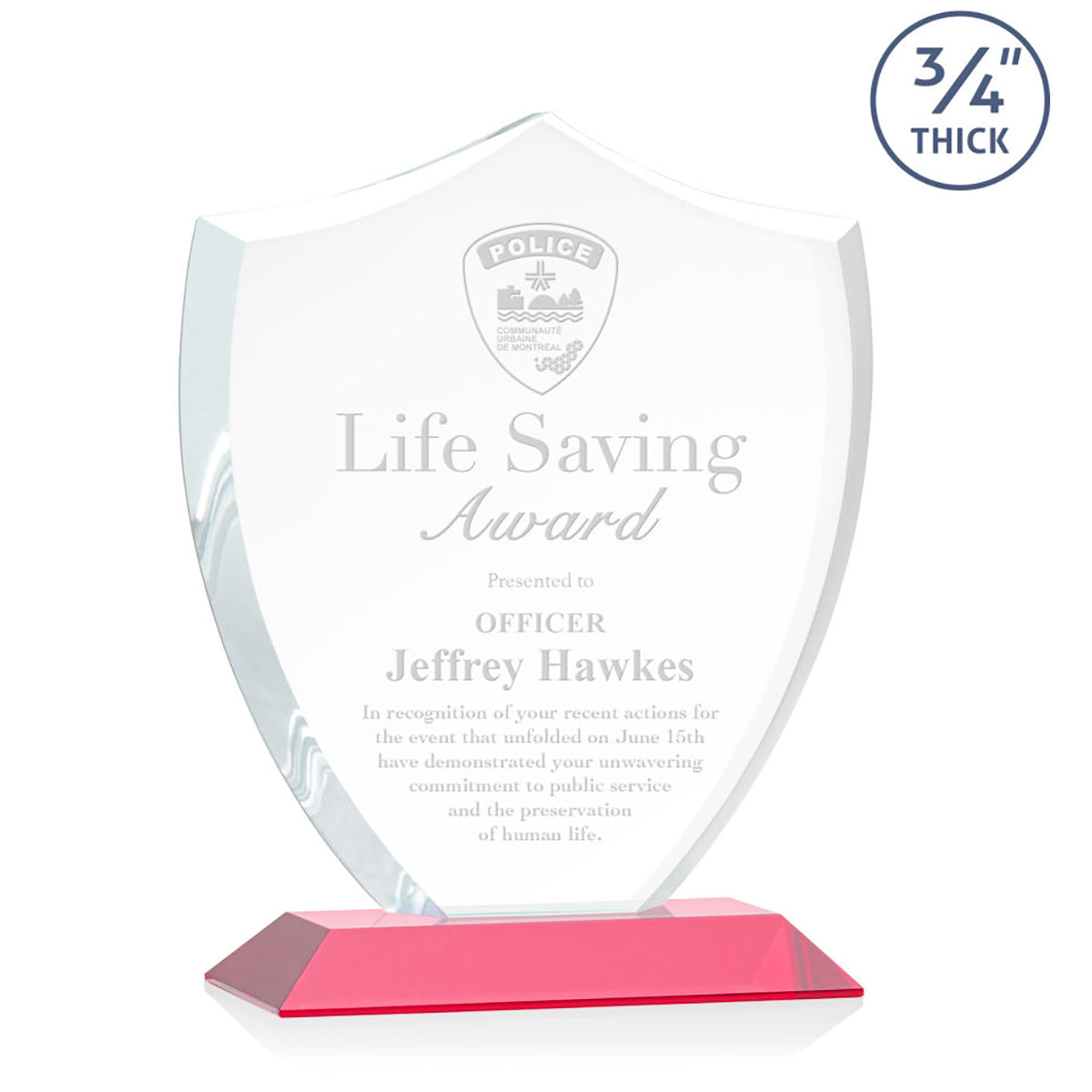 St. Regis Red Scudo Shield Award 7.25" x 8.75" x 3" with Standard Base - Laser Engraved