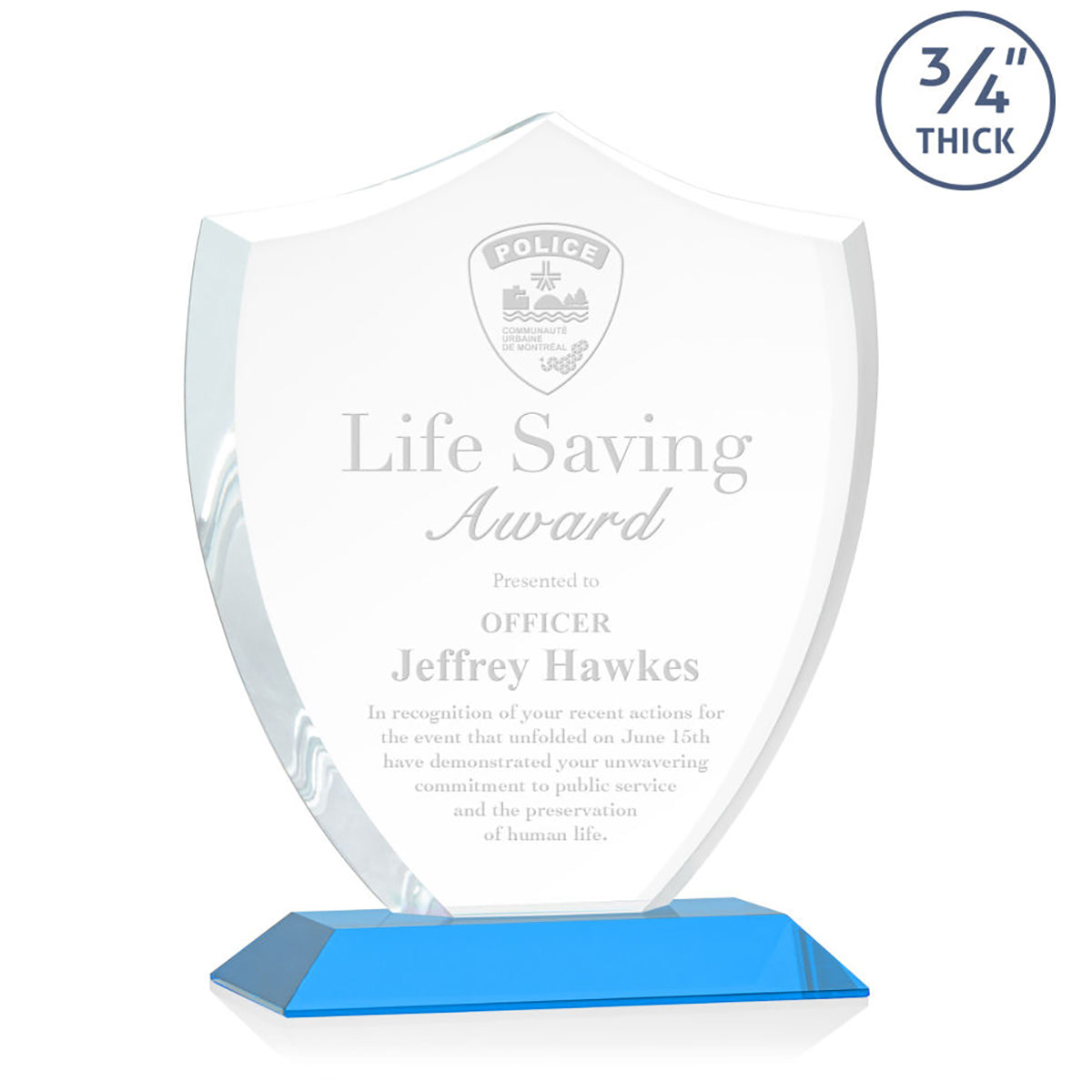 St. Regis Sky Blue Scudo Shield Award 7.25" x 8.75" x 3" with Standard Base - Laser Engraved