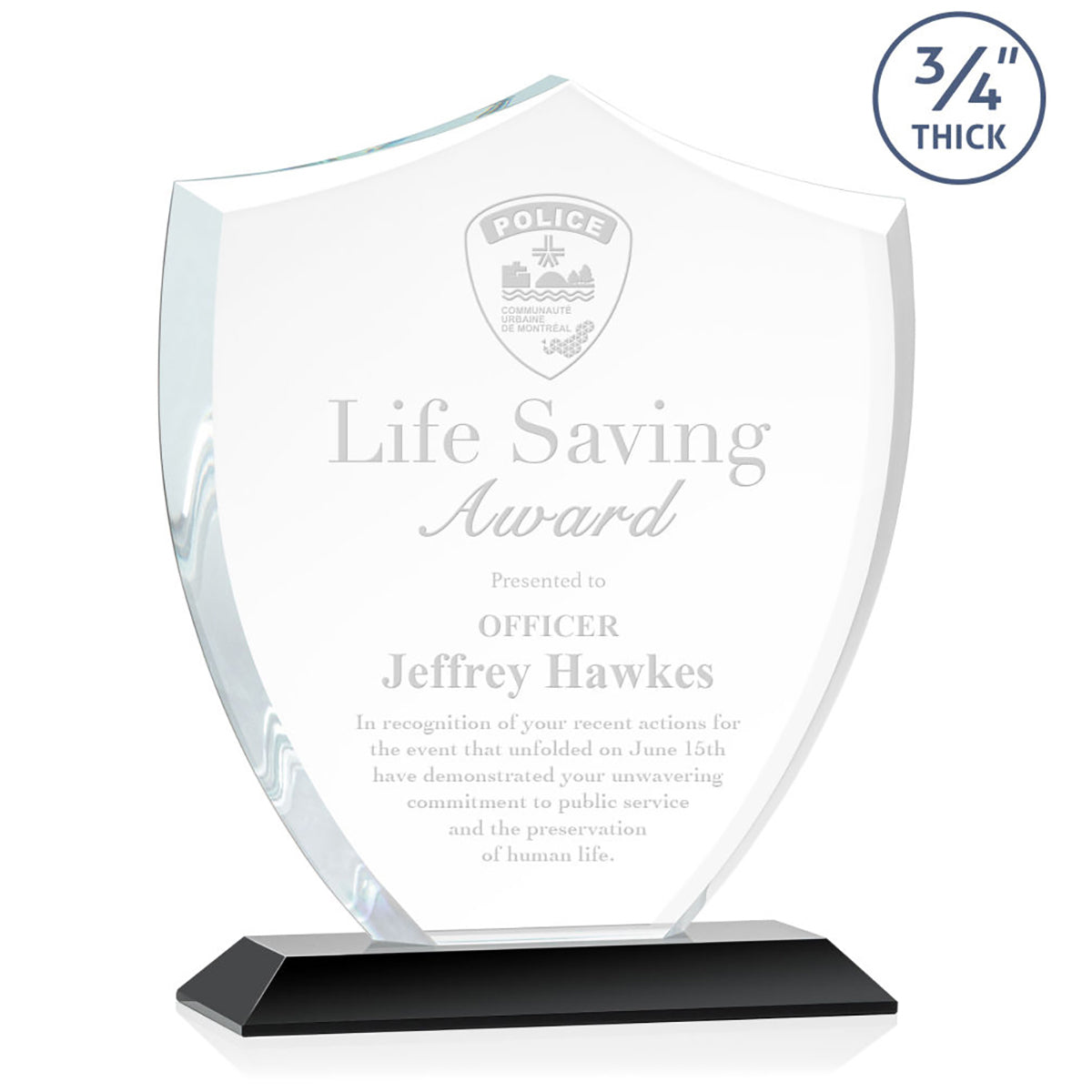 St. Regis Black Scudo Shield Award 8.125" x 9.75" x 3" with Standard Base - Laser Engraved