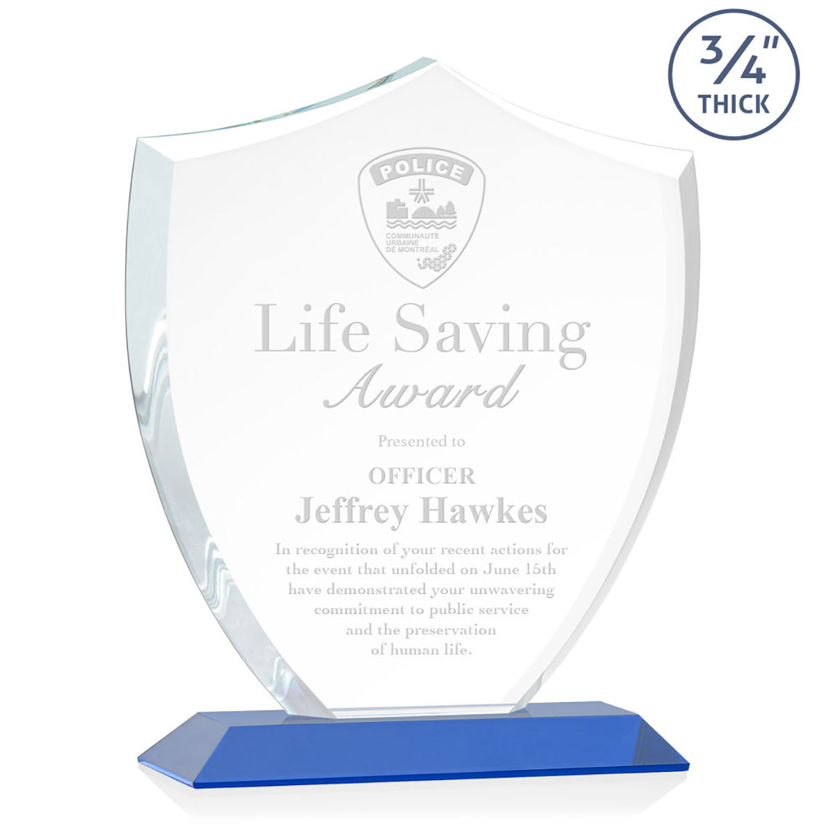 St. Regis Blue Scudo Shield Award 8.125" x 9.75" x 3" with Standard Base - Laser Engraved