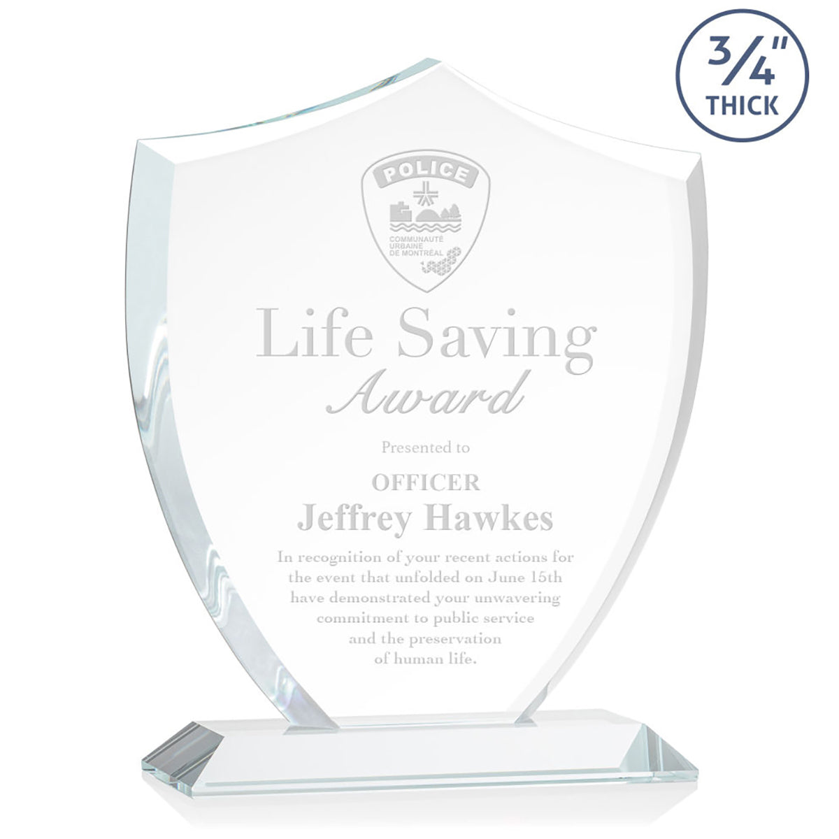 St. Regis Clear Scudo Shield Award 8.125" x 9.75" x 3" with Standard Base - Laser Engraved