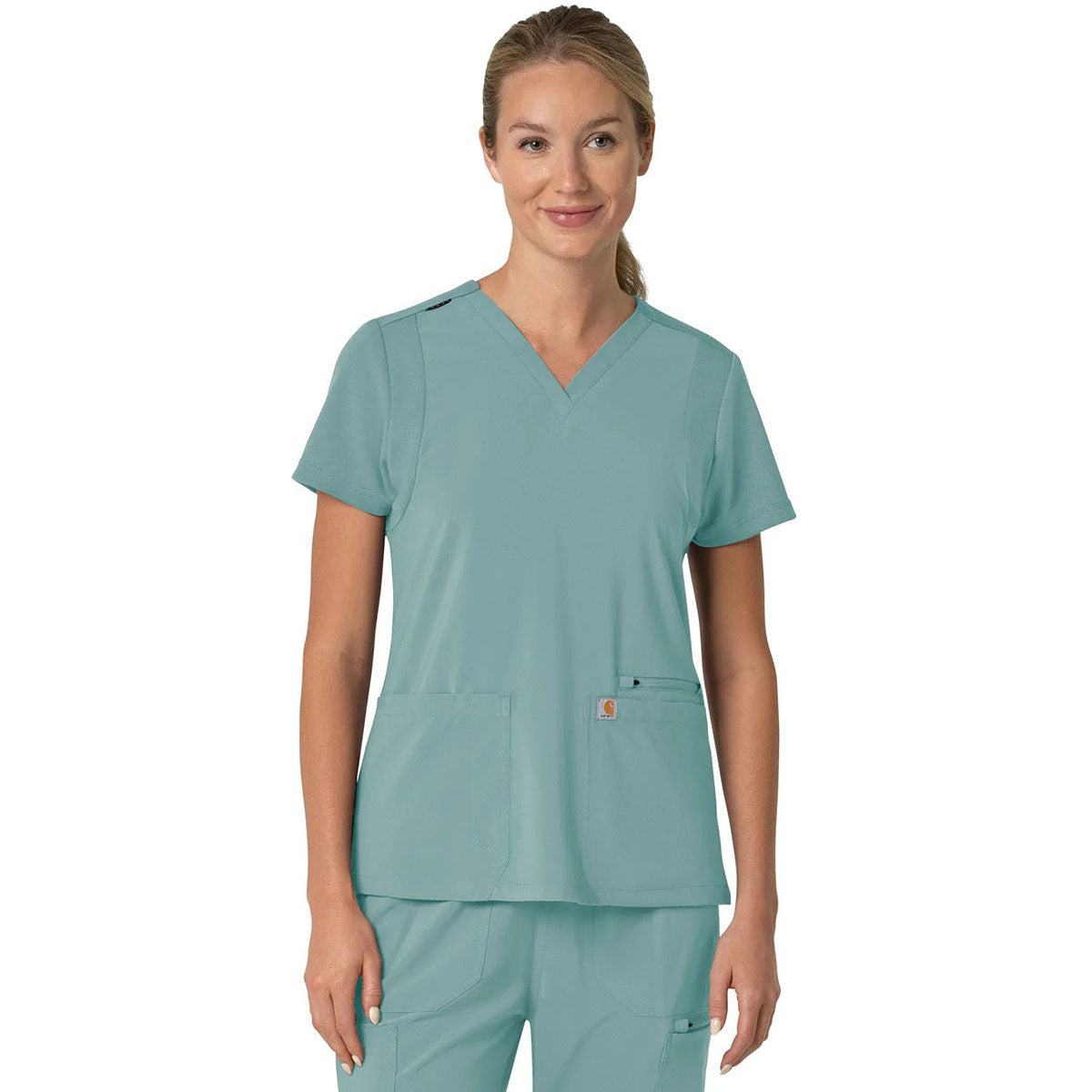 Carhartt Women's Summer Blue Three-Pocket Flex Panel V-Neck Scrub Top