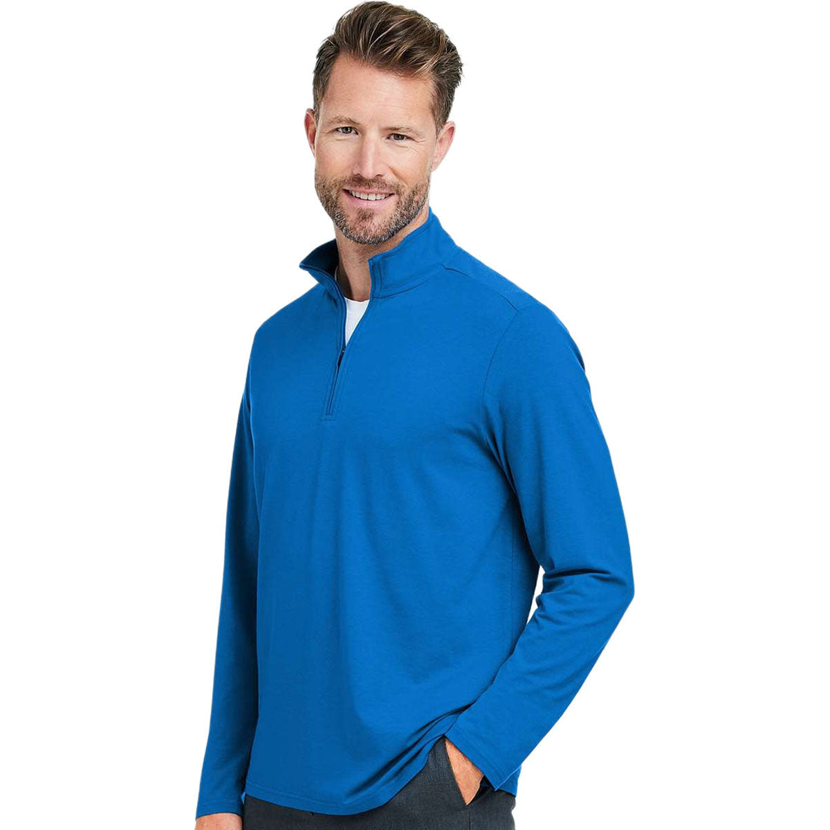Devon & Jones Men's French Blue Raleigh Stretch Quarter-Zip Pullover