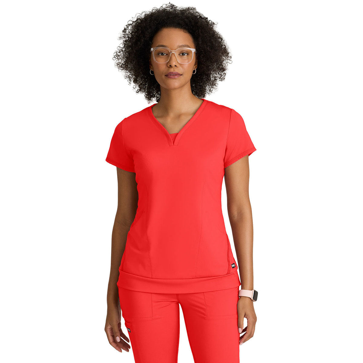 Grey's Anatomy Women's Radiant Coral Two Pocket V-Neck Motivate Top