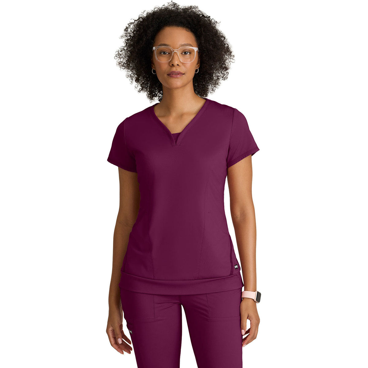 Grey's Anatomy Women's Wine Two Pocket V-Neck Motivate Top