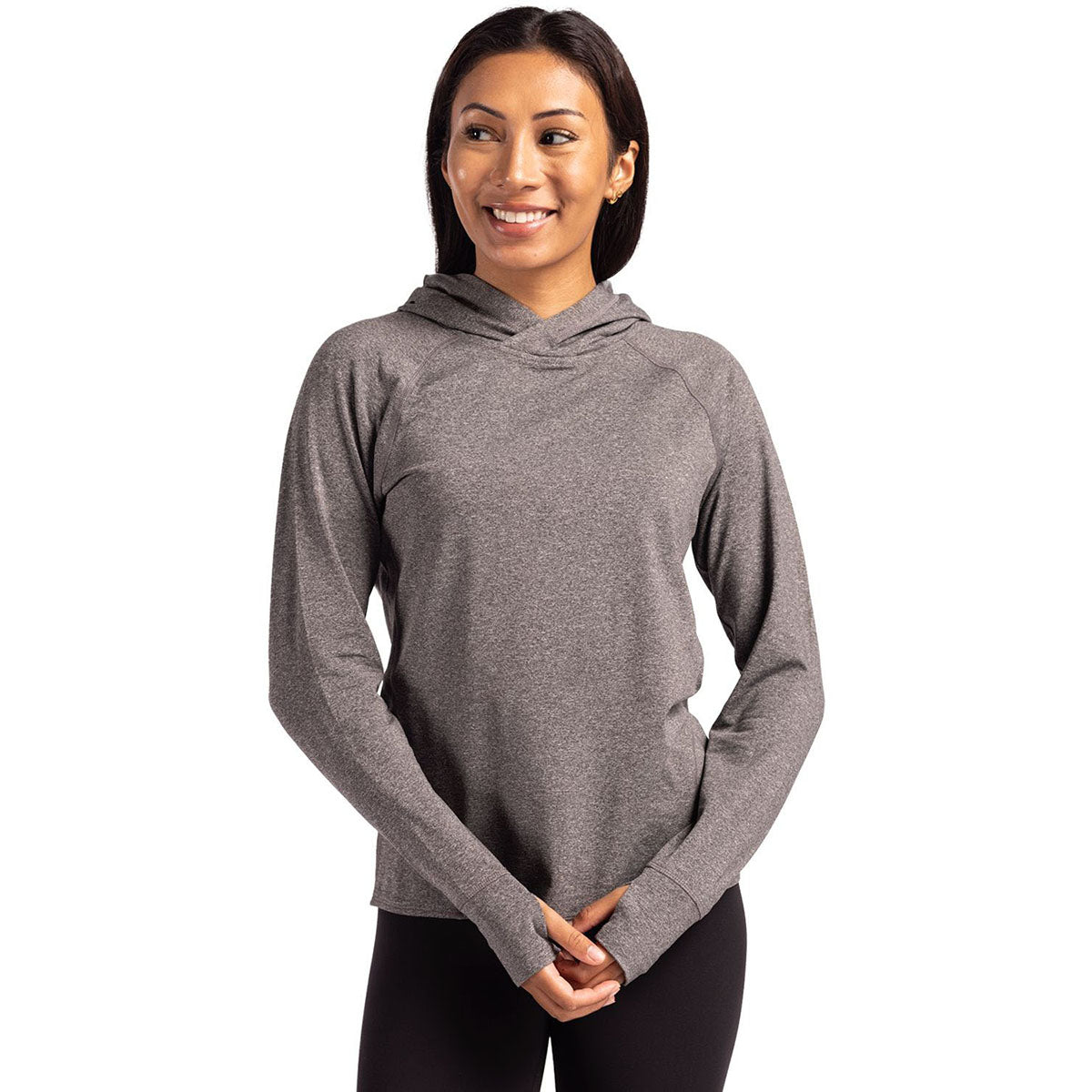 Cutter & Buck Women's Black Heather Adapt Knit Recycled Heathered Hooded Pullover