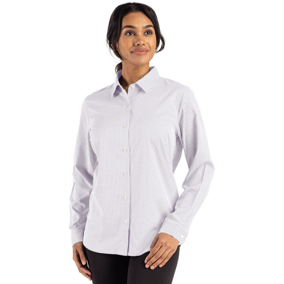 Cutter & Buck Women's Concrete/White Skyline Epic Confidence Recycled Gingham Long Sleeve Dress Shirt