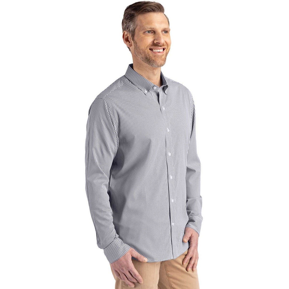 Cutter & Buck Men's Black/White Skyline Epic Confidence Recycled Gingham Long Sleeve Dress Shirt