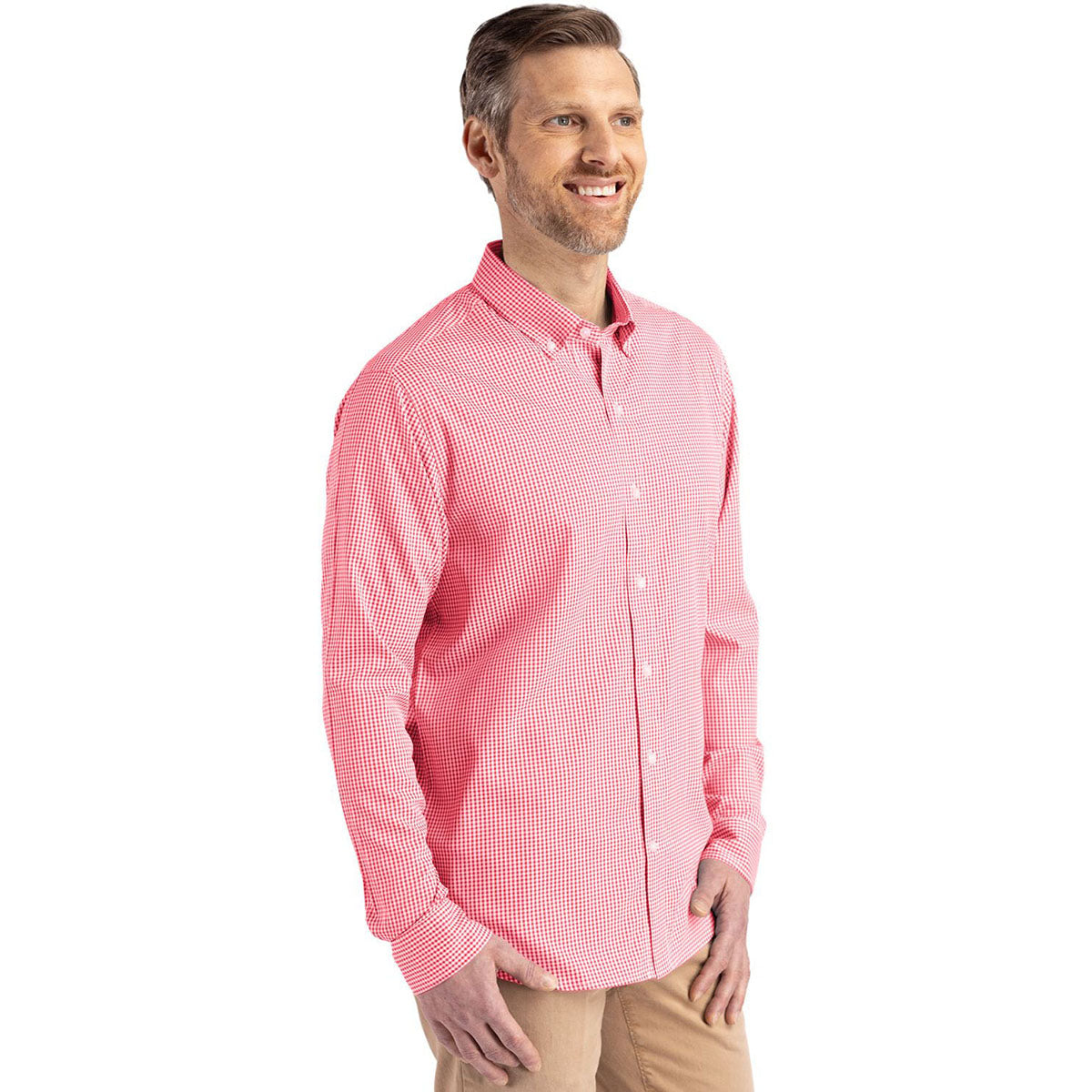 Cutter & Buck Men's Red/White Skyline Epic Confidence Recycled Gingham Long Sleeve Dress Shirt