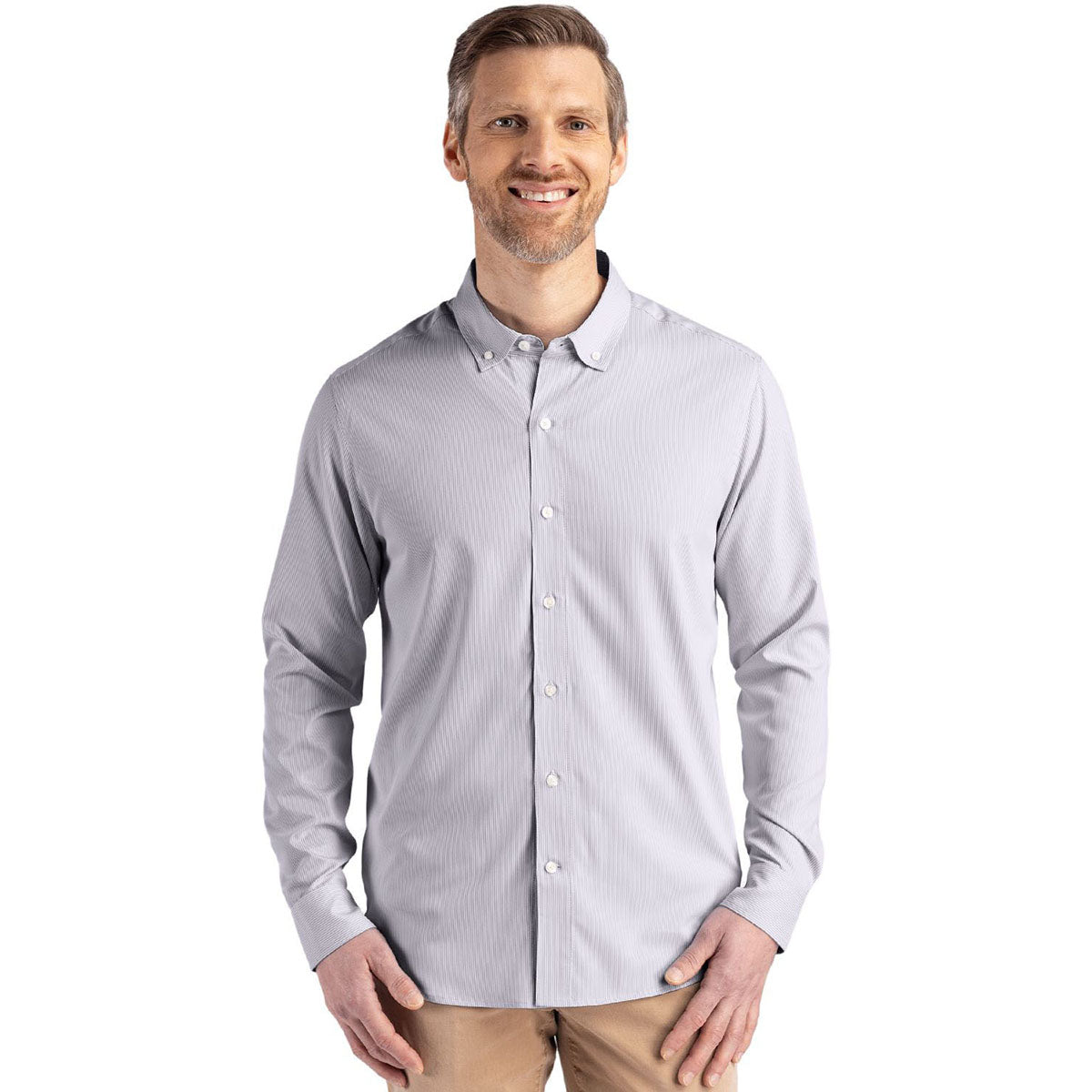 Cutter & Buck Men's Elemental Grey/White Skyline Epic Confidence Recycled Pinstripe Long Sleeve Dress Shirt