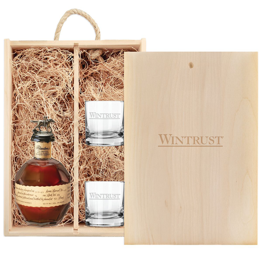 A+ Wines Brown Laser Engraved Wood Box with Undecorated Blanton's Original Single Barrel Bourbon Liquor Bottle and Etched Whiskey Glasses