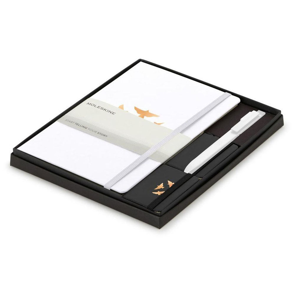 Moleskine White/Black Large Notebook, GO Pen, and Mini Notebook Charm Gift Set