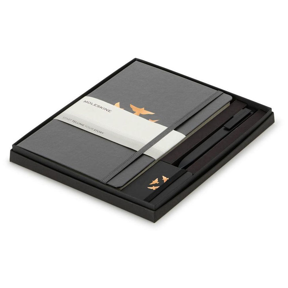Moleskine Slate Grey/Black Large Notebook, GO Pen, and Mini Notebook Charm Gift Set