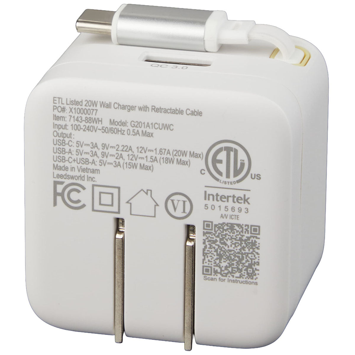 Leed's White 20W Wall Charger with Wall Plug