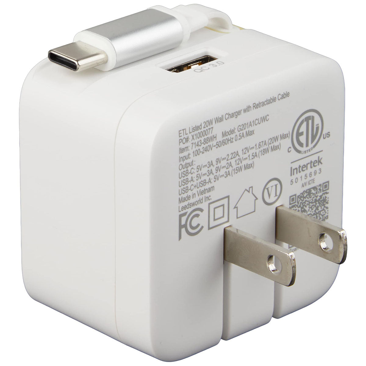 Leed's White 20W Wall Charger with Wall Plug