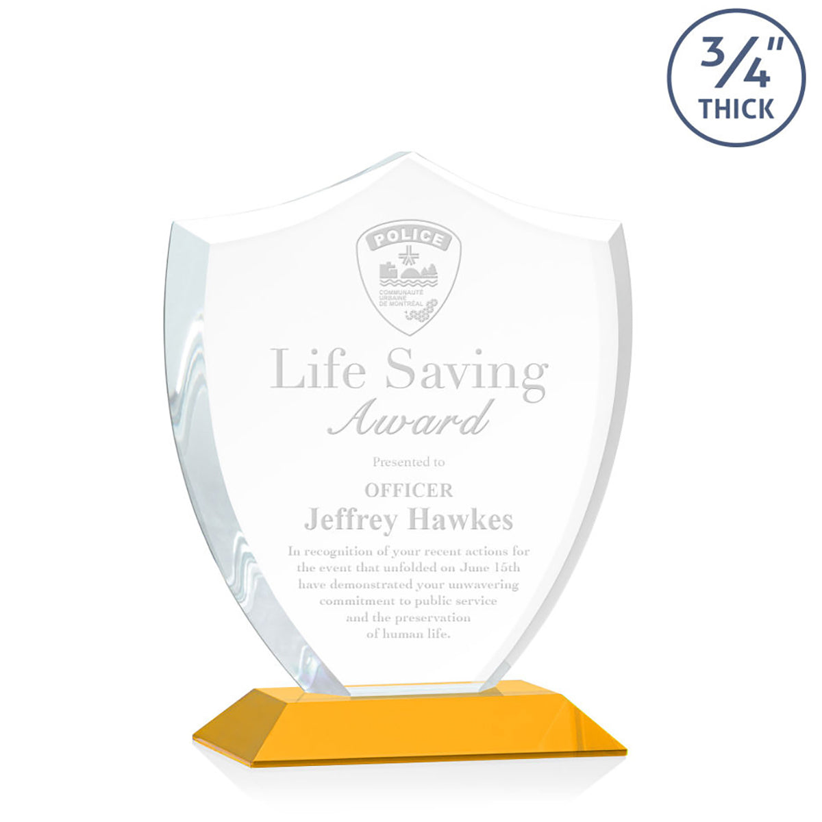 St. Regis Amber Scudo Shield Award 6.25" x 7.75" x 3" with Standard Base - Laser Engraved