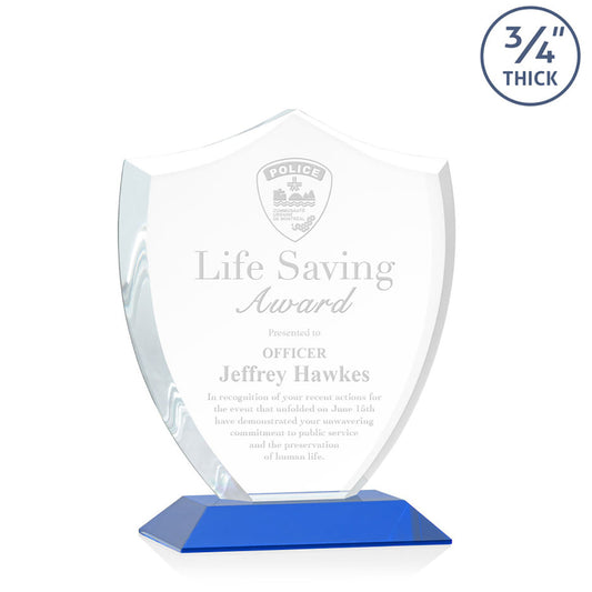 St. Regis Blue Scudo Shield Award 6.25" x 7.75" x 3" with Standard Base - Laser Engraved