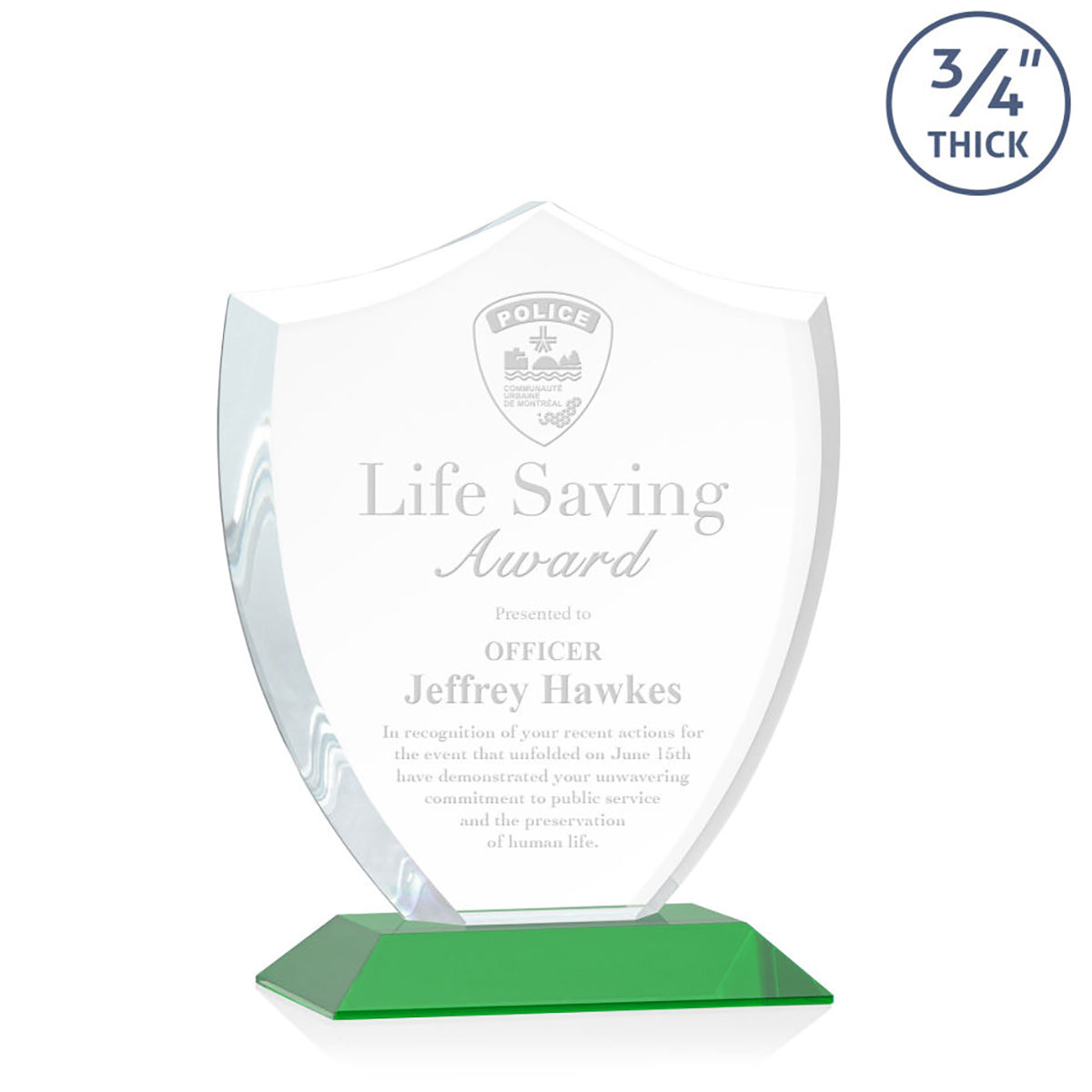 St. Regis Green Scudo Shield Award 6.25" x 7.75" x 3" with Standard Base - Laser Engraved