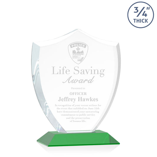 St. Regis Green Scudo Shield Award 6.25" x 7.75" x 3" with Standard Base - Laser Engraved