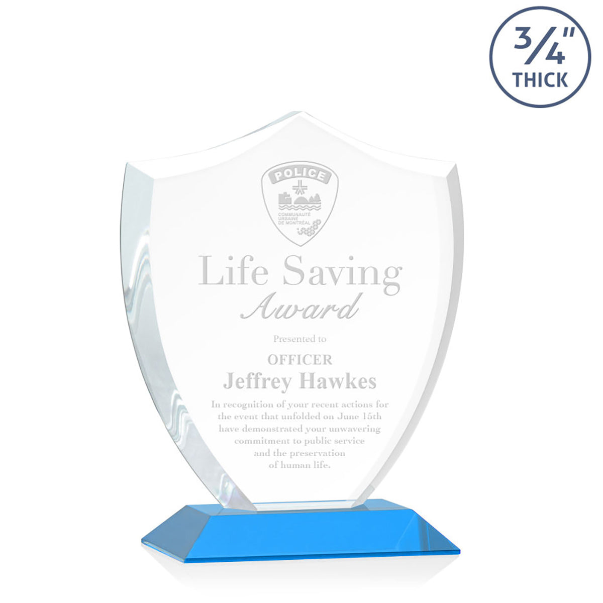 St. Regis Sky Blue Scudo Shield Award 6.25" x 7.75" x 3" with Standard Base - Laser Engraved