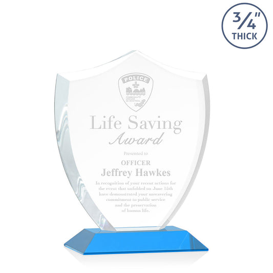 St. Regis Sky Blue Scudo Shield Award 6.25" x 7.75" x 3" with Standard Base - Laser Engraved