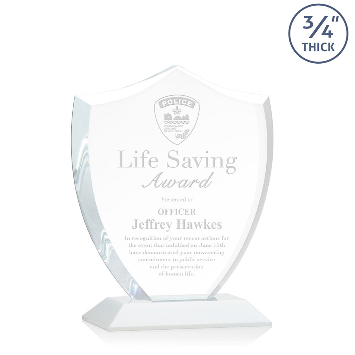 St. Regis White Scudo Shield Award 6.25" x 7.75" x 3" with Standard Base - Laser Engraved