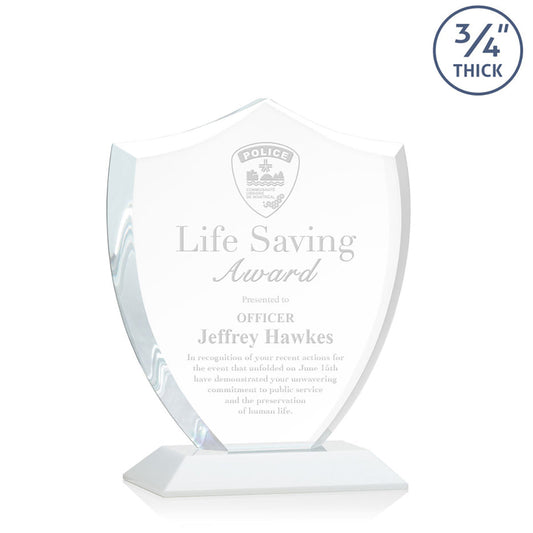 St. Regis White Scudo Shield Award 6.25" x 7.75" x 3" with Standard Base - Laser Engraved