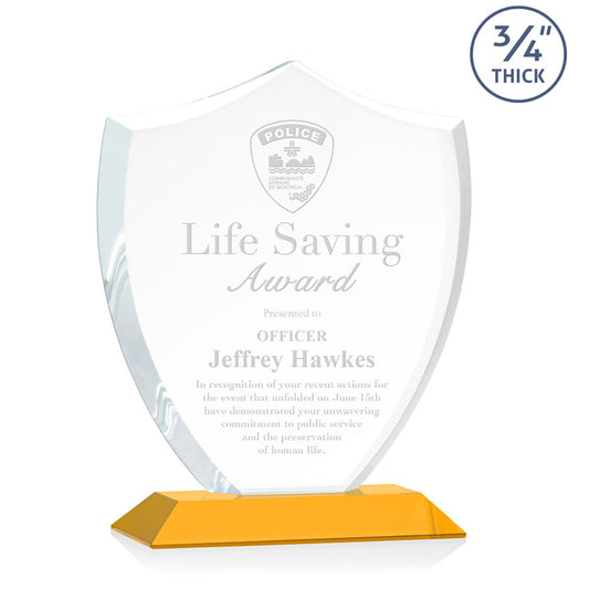 St. Regis Amber Scudo Shield Award 7.25" x 8.75" x 3" with Standard Base - Laser Engraved
