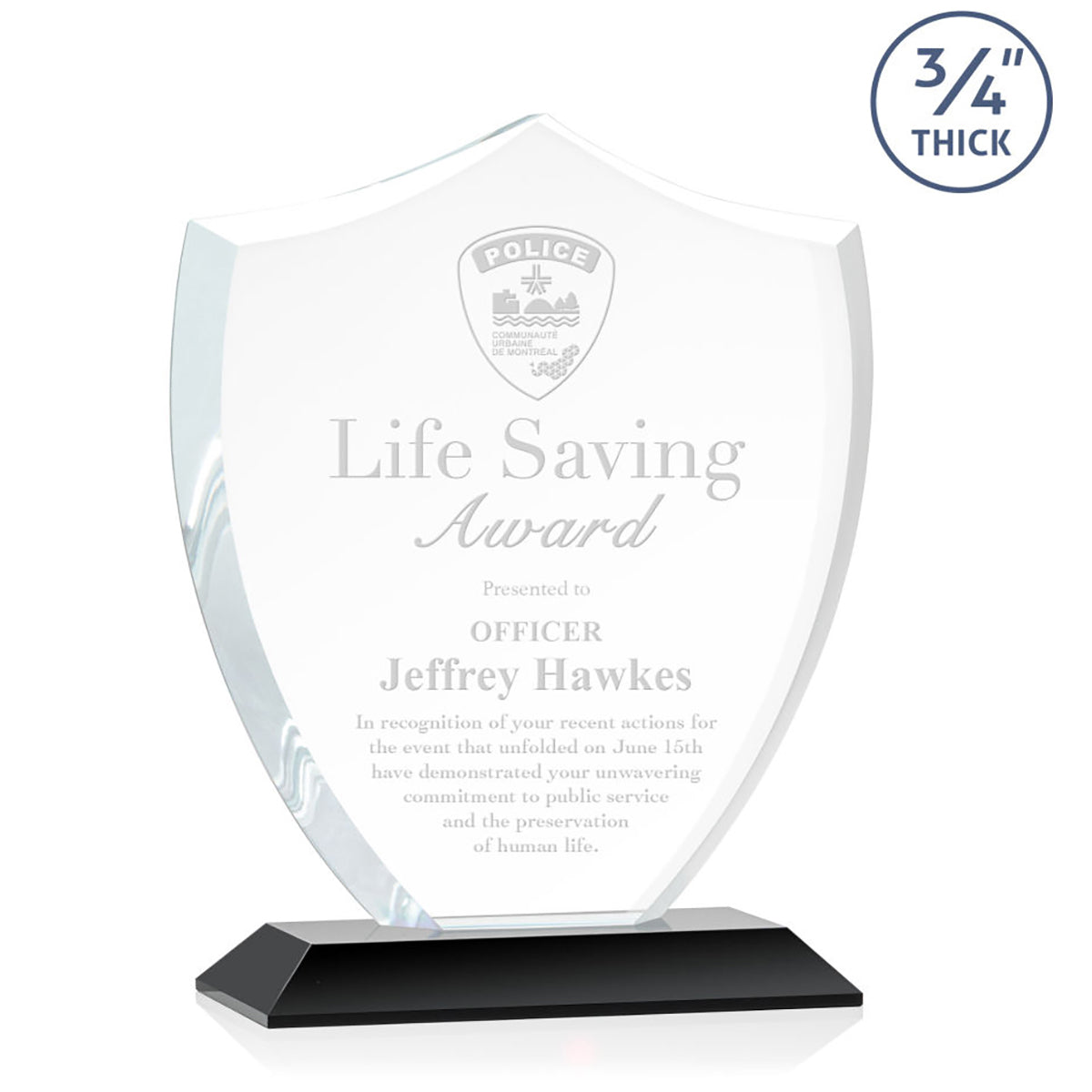 St. Regis Black Scudo Shield Award 7.25" x 8.75" x 3" with Standard Base - Laser Engraved