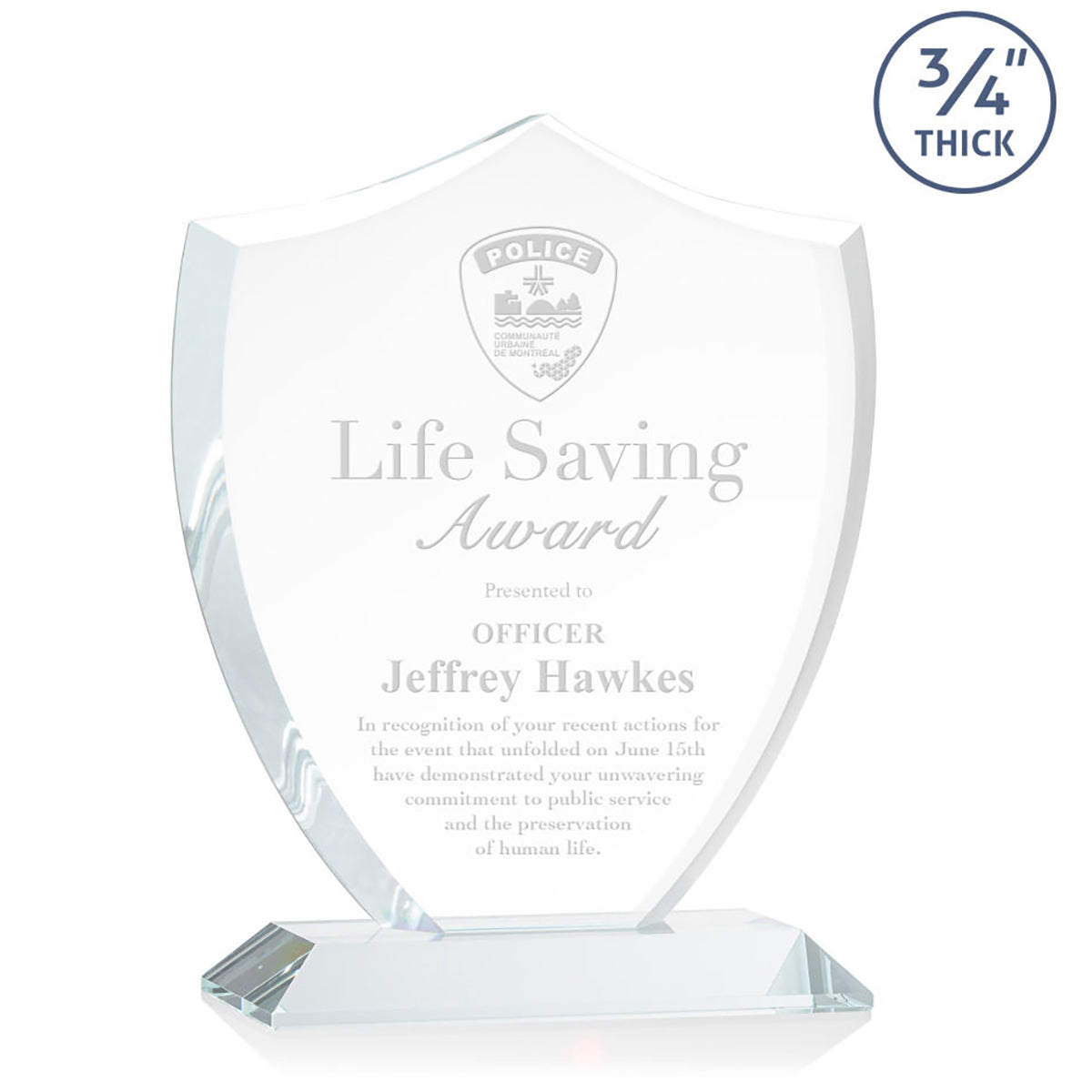 St. Regis Clear Scudo Shield Award 7.25" x 8.75" x 3" with Standard Base - Laser Engraved
