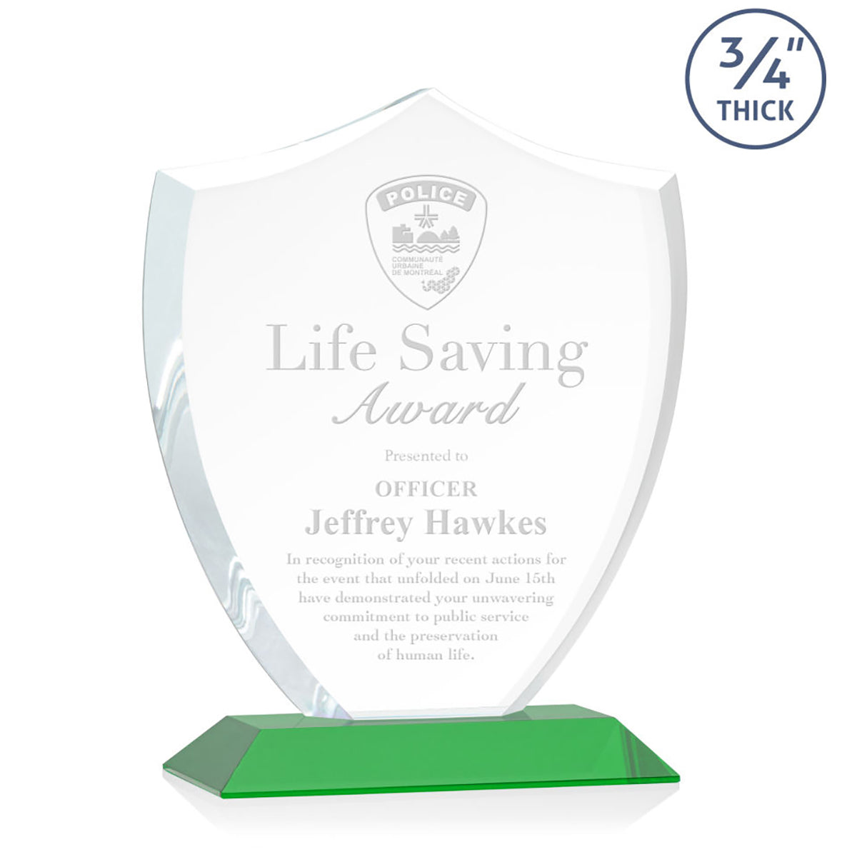 St. Regis Green Scudo Shield Award 7.25" x 8.75" x 3" with Standard Base - Laser Engraved
