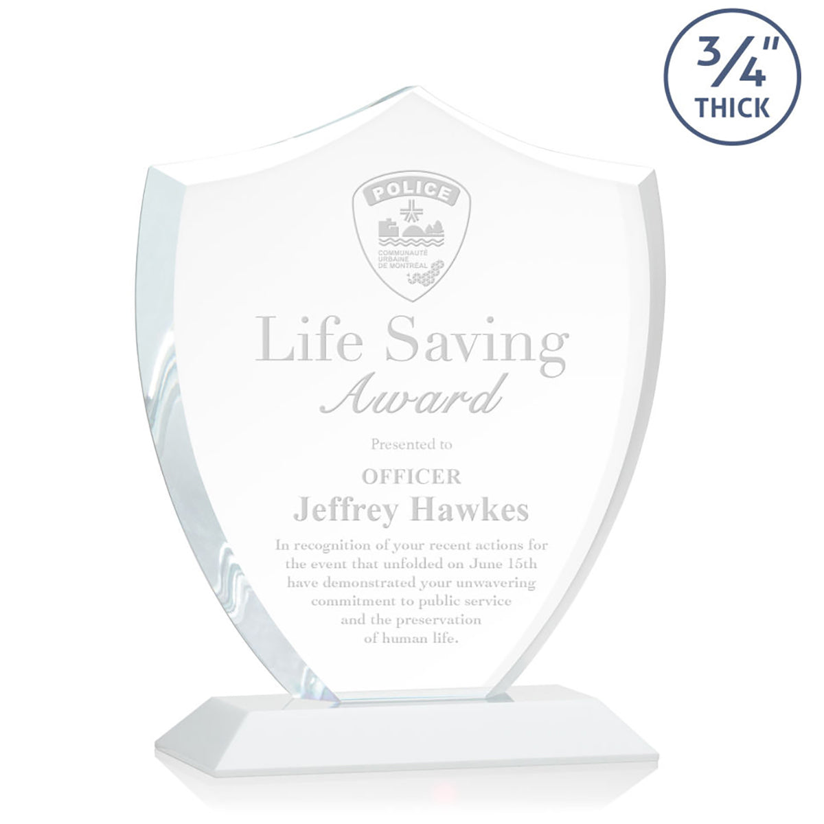 St. Regis White Scudo Shield Award 7.25" x 8.75" x 3" with Standard Base - Laser Engraved