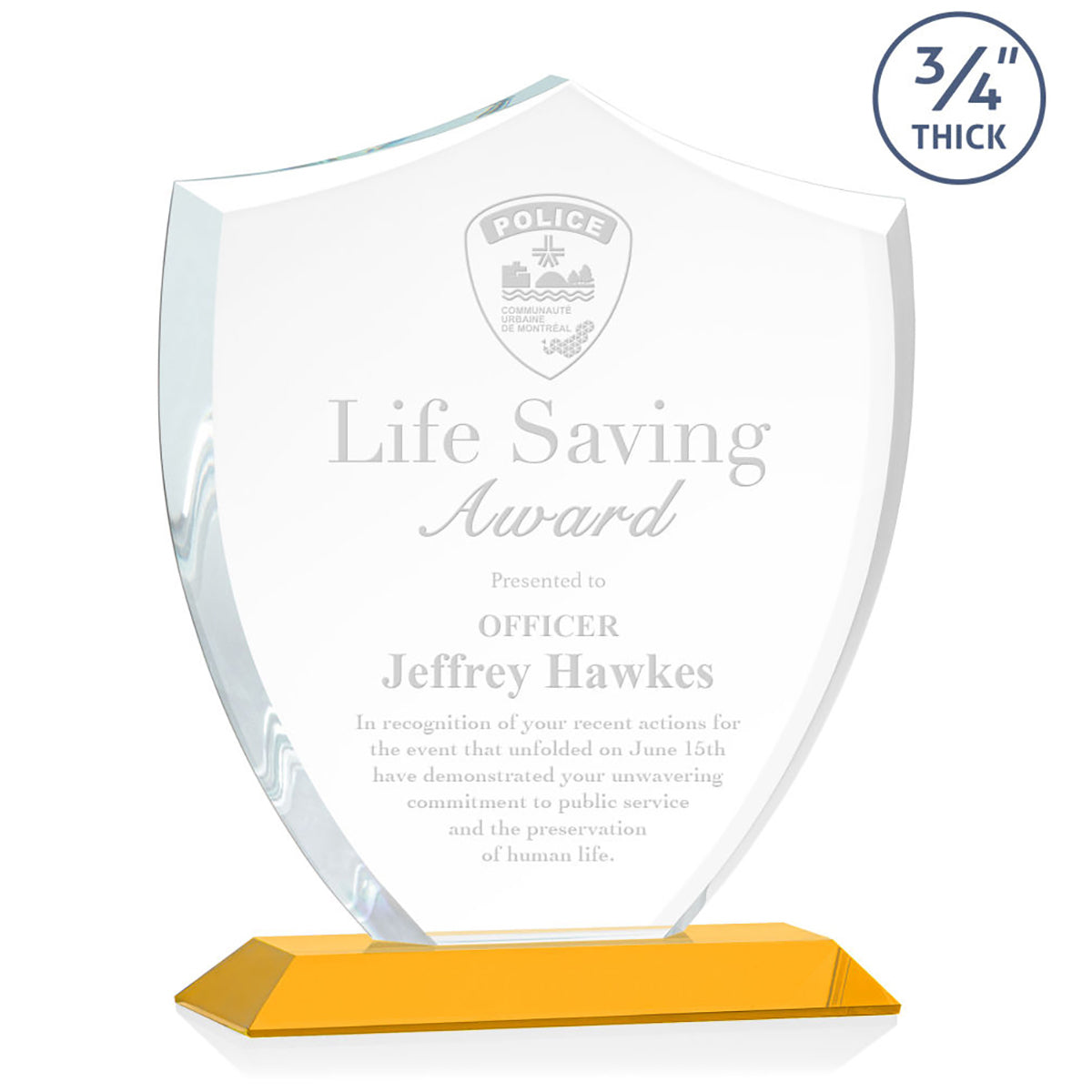 St. Regis Amber Scudo Shield Award 8.125" x 9.75" x 3" with Standard Base - Laser Engraved