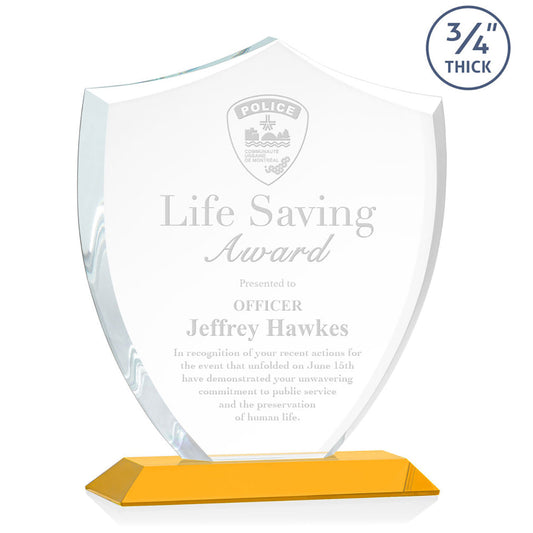 St. Regis Amber Scudo Shield Award 8.125" x 9.75" x 3" with Standard Base - Laser Engraved