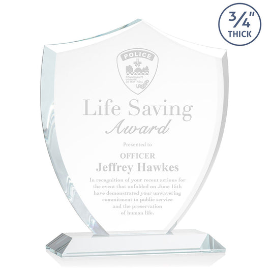 St. Regis Clear Scudo Shield Award 8.125" x 9.75" x 3" with Standard Base - Laser Engraved