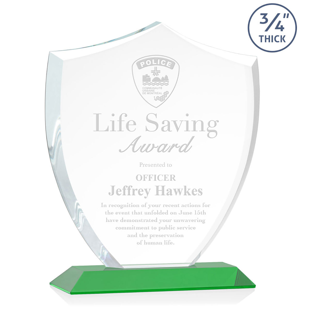 St. Regis Green Scudo Shield Award 8.125" x 9.75" x 3" with Standard Base - Laser Engraved