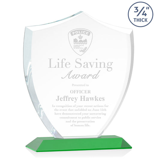 St. Regis Green Scudo Shield Award 8.125" x 9.75" x 3" with Standard Base - Laser Engraved