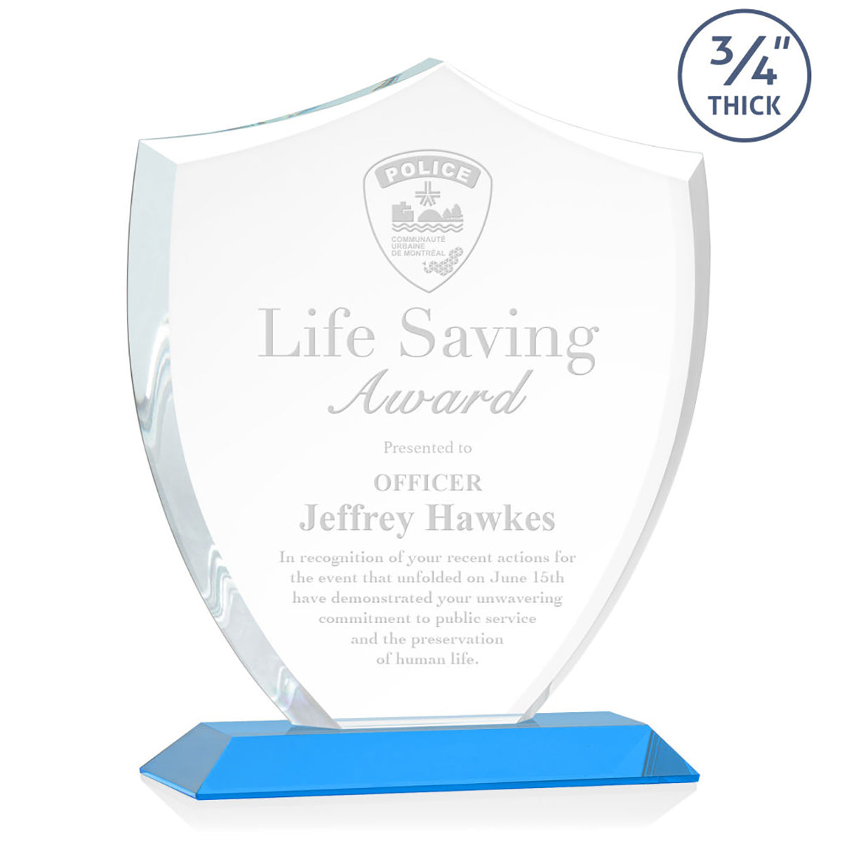 St. Regis Sky Blue Scudo Shield Award 8.125" x 9.75" x 3" with Standard Base - Laser Engraved
