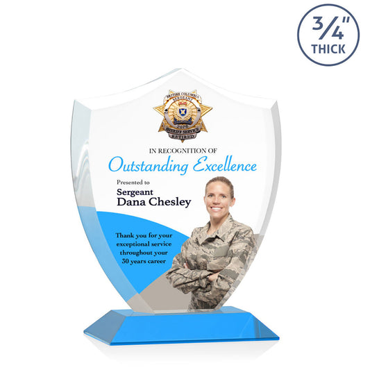 St. Regis Sky Blue Scudo Shield Award 6.25" x 7.75" x 3" with Standard Base - Printed