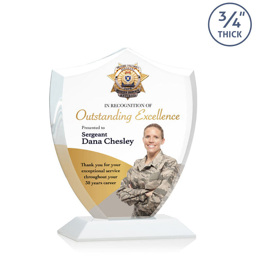 St. Regis White Scudo Shield Award 6.25" x 7.75" x 3" with Standard Base - Printed