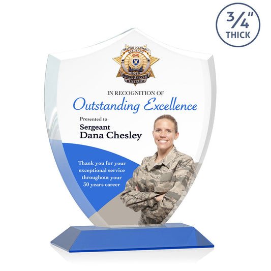 St. Regis Blue Scudo Shield Award 7.25" x 8.75" x 3" with Standard Base - Printed