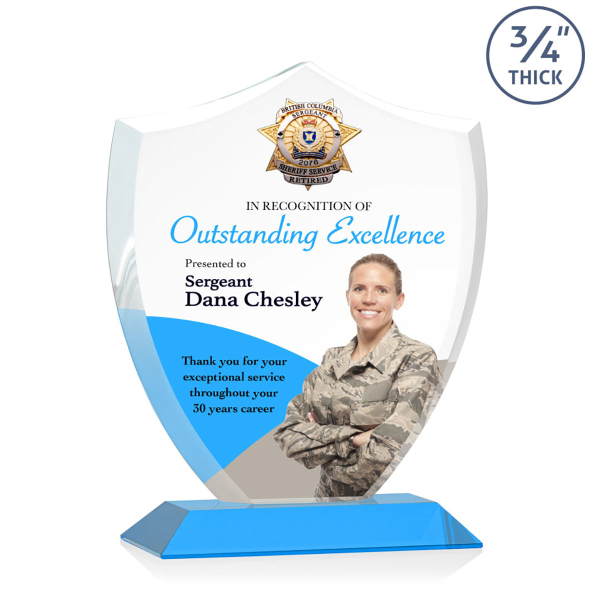 St. Regis Sky Blue Scudo Shield Award 7.25" x 8.75" x 3" with Standard Base - Printed