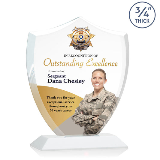 St. Regis White Scudo Shield Award 7.25" x 8.75" x 3" with Standard Base - Printed