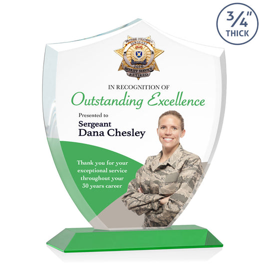 St. Regis Green Scudo Shield Award 8.125" x 9.75" x 3" with Standard Base - Printed