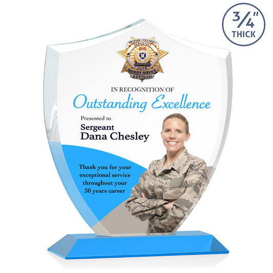 St. Regis Sky Blue Scudo Shield Award 8.125" x 9.75" x 3" with Standard Base - Printed