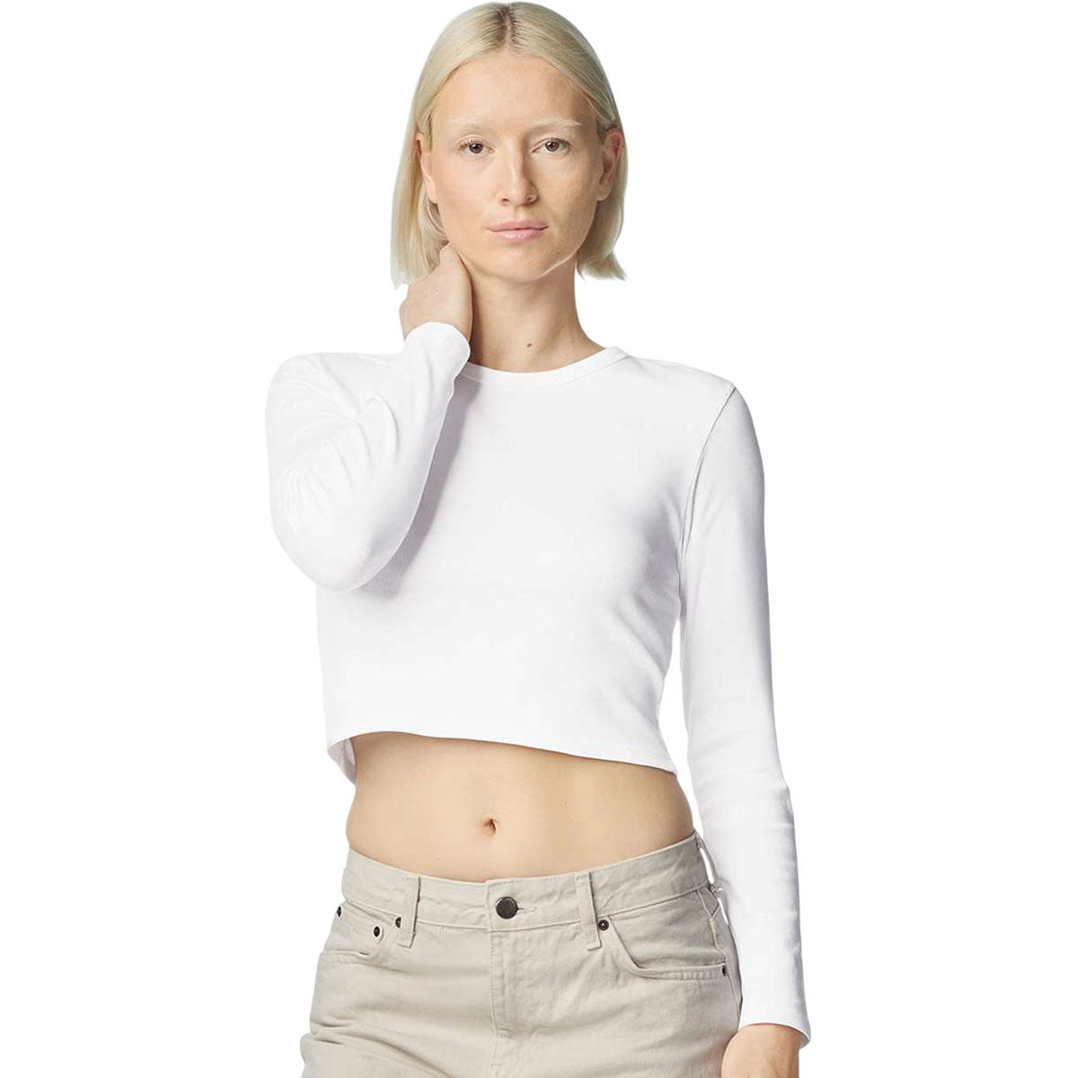 American Apparel Women's White Baby Rib Long Sleeve Cropped Tee