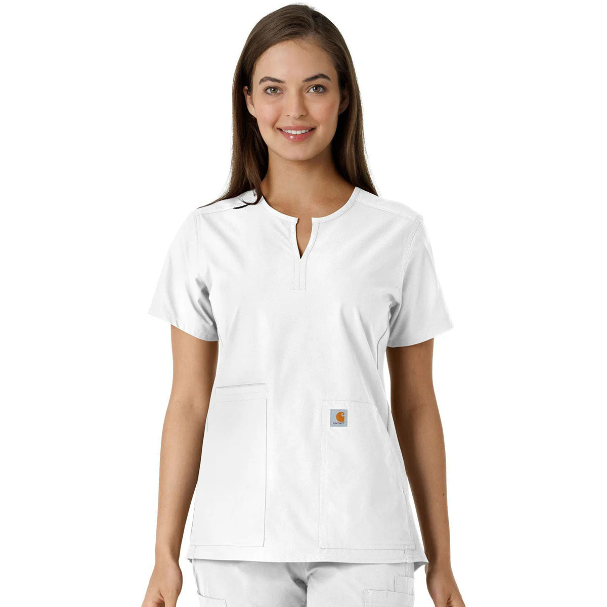 Carhartt Women's White Notch Neck Tunic Knit Panel Scrub Top